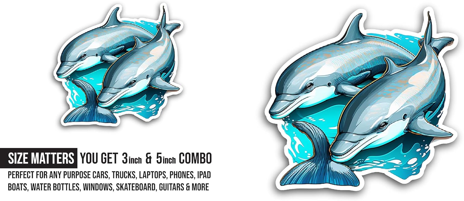 2 (Pieces) 3" and 5" Dolphins in The Ocean Sticker, Waterproof Vinyl Decals for Many Purpose Like Cars, Trucks, Laptops, Phones, Windows and More