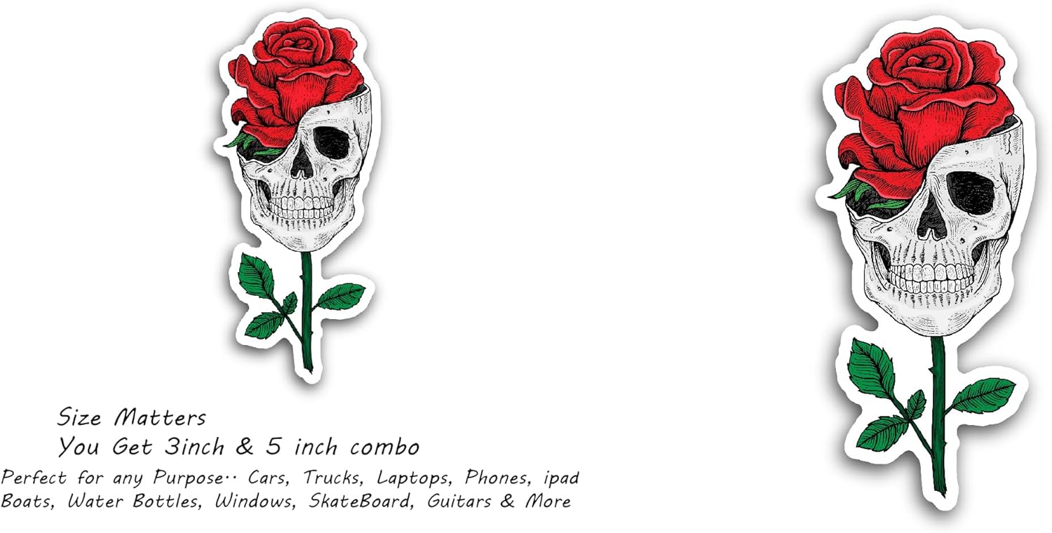 2 (Pieces) 3" and 5" Skull with Red Roses Sticker, Waterproof Vinyl Decals for Many Purpose Like Cars, Trucks, Laptops, Phones, Windows and More