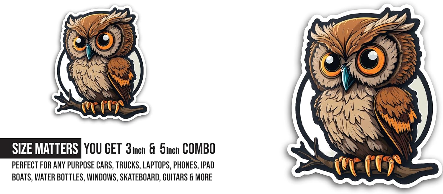 2 (Pieces) 3" and 5" Cute Owl Sticker, Waterproof Vinyl Decals for Many Purpose Like Cars, Trucks, Laptops, Phones, Windows and More