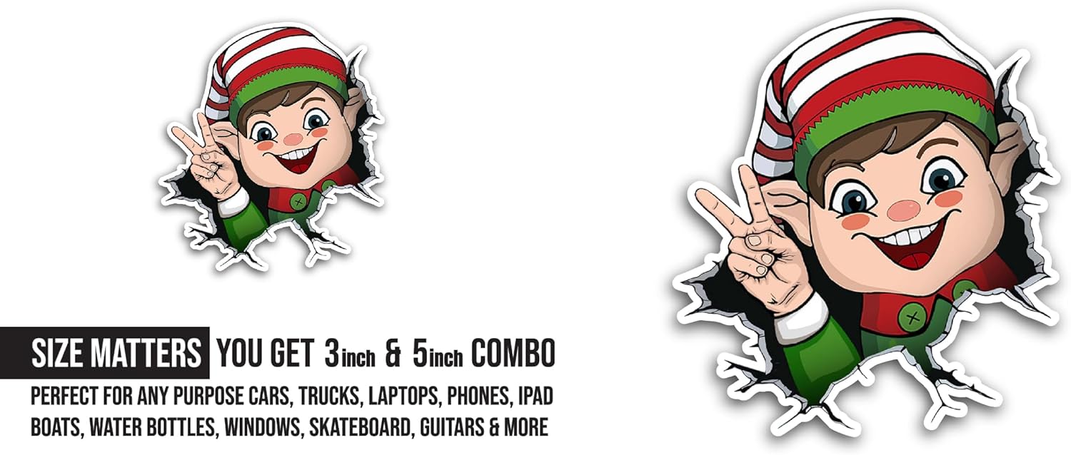 2 (Pieces) 3" and 5" Christmas Elf Sticker, Waterproof Vinyl Decals for Many Purpose Like Cars, Trucks, Laptops, Phones, Windows and More