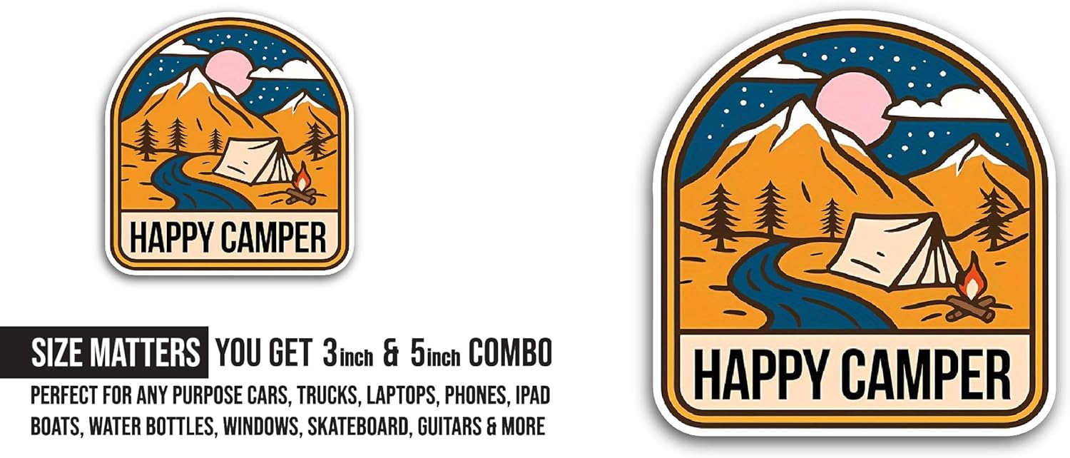 2 (Pieces) 3" and 5" Happy Camper Text Sticker, Waterproof Vinyl Decals for Many Purpose Like Cars, Trucks, Laptops, Phones, Windows and More
