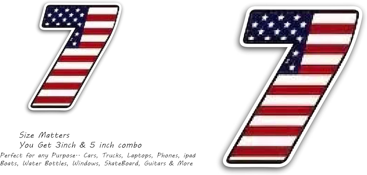 2 (Pieces) 3" and 5" Number Seven in American Flag Color Decal Sticker, Waterproof Vinyl Decals for Many Purpose Like Cars, Trucks, Laptops, Phones, Windows and More