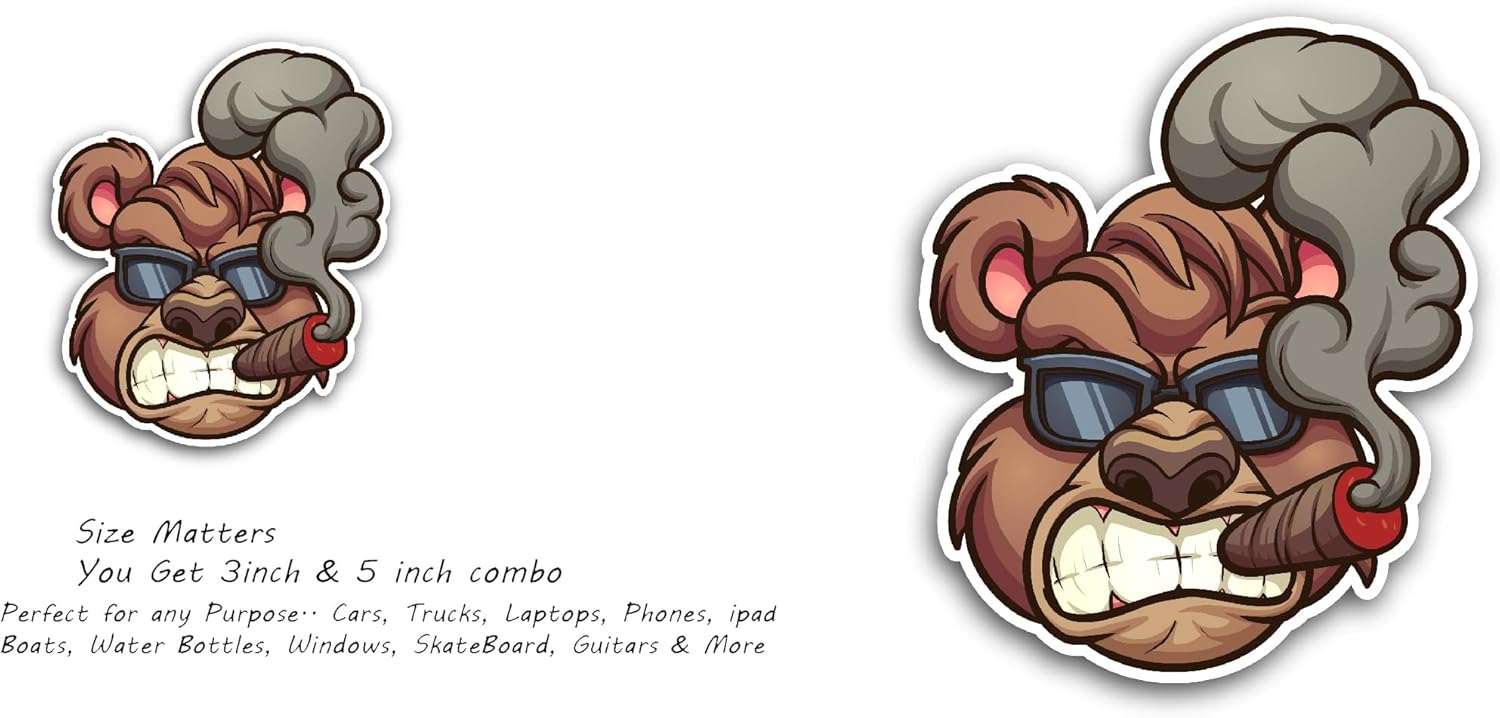 2 (Pieces) 3" and 5" Smoking Bear Decal Sticker, Waterproof Vinyl Decals for Many Purpose Like Cars, Trucks, Laptops, Phones, Windows and More