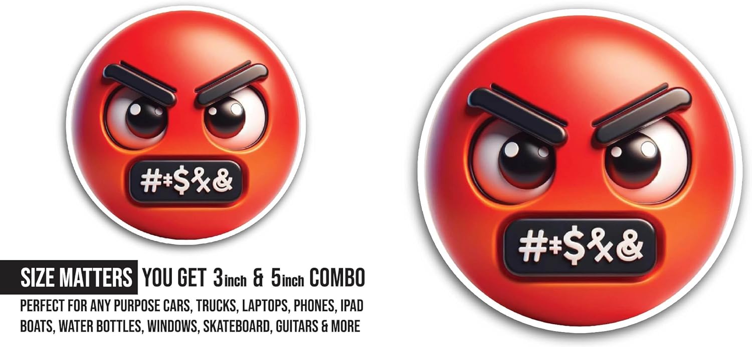 2 (Pieces) 3" and 5" Angry Red Face Sticker, Waterproof Vinyl Decals for Many Purpose Like Cars, Trucks, Laptops, Phones, Windows and More