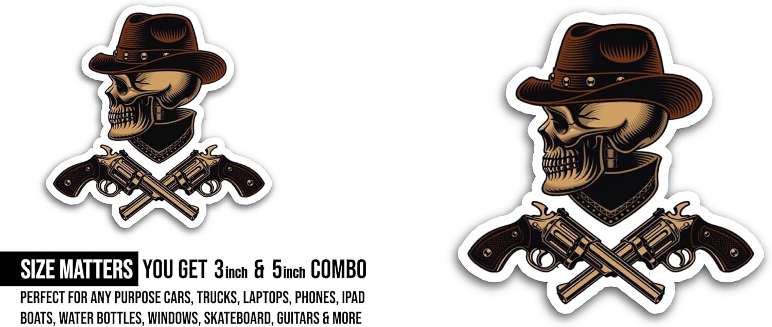 2 (Pieces) 3" and 5" Cowboy Skull with Guns Sticker, Waterproof Vinyl Decals for Many Purpose Like Cars, Trucks, Laptops, Phones, Windows and More