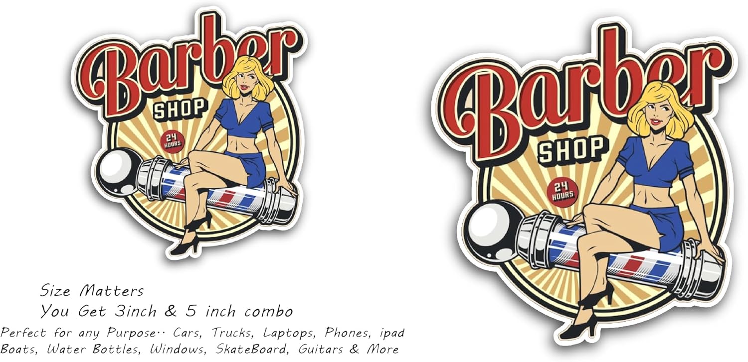 2 (Pieces) 3" and 5" Vintage Barbershop Colorful Badge Sticker, Waterproof Vinyl Decals for Many Purpose Like Cars, Trucks, Laptops, Phones, Windows and More