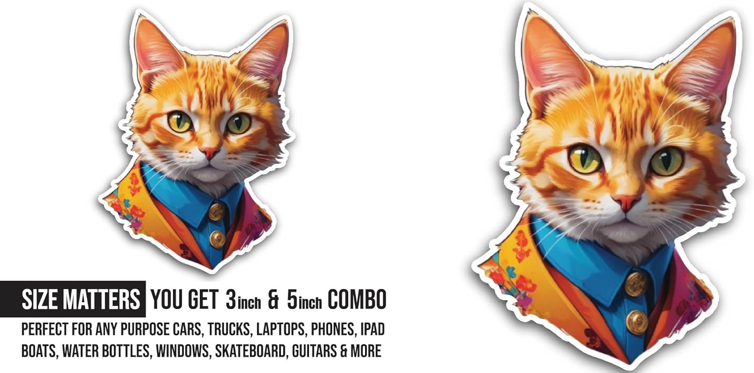2 (Pieces) 3" and 5" Cat in A Suit Sticker, Waterproof Vinyl Decals for Many Purpose Like Cars, Trucks, Laptops, Phones, Windows and More