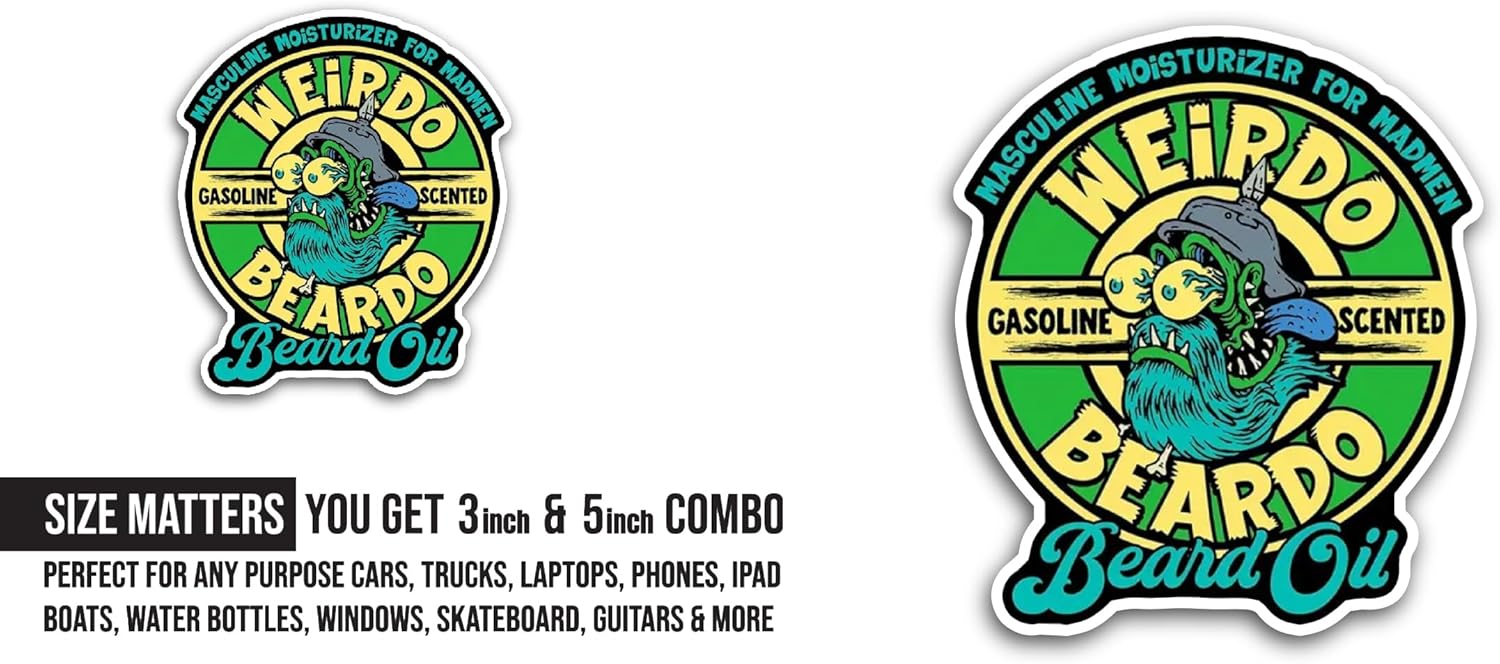 2 (Pieces) 3" and 5" Weirdo Beardo Sticker, Waterproof Vinyl Decals for Many Purpose Like Cars, Trucks, Laptops, Phones, Windows and More