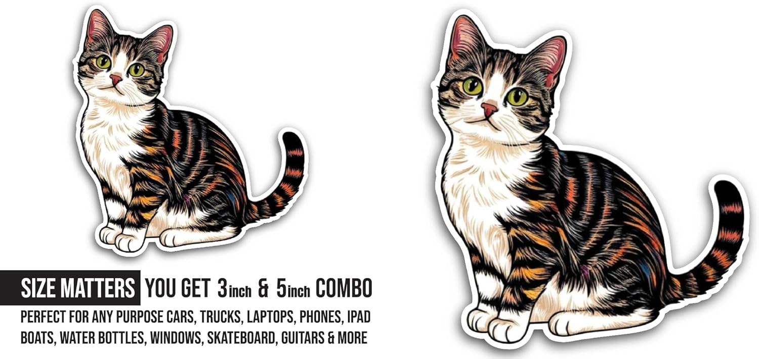 2 (Pieces) 3" and 5" Black and White Cat Sticker, Waterproof Vinyl Decals for Many Purpose Like Cars, Trucks, Laptops, Phones, Windows and More