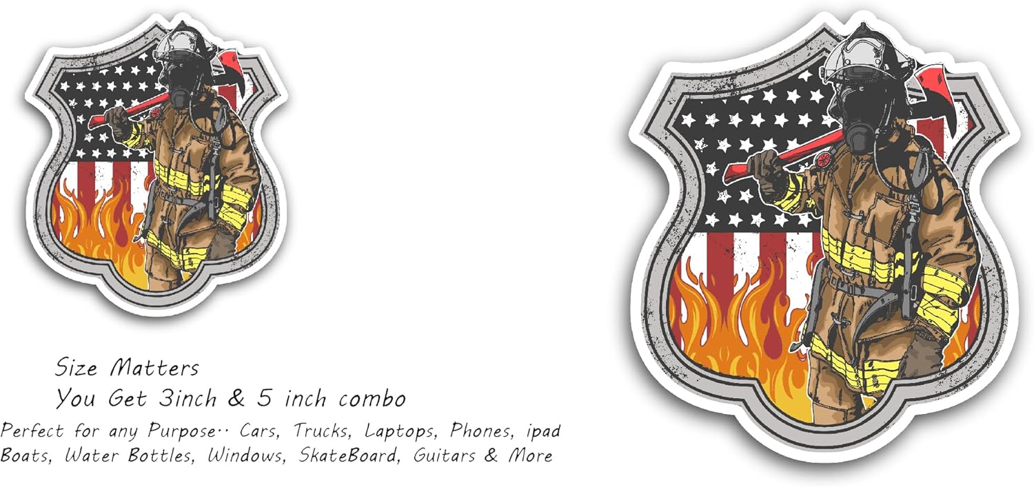 2 (Pieces) 3" and 5" Firefighter Vinyl Decals Sticker, Waterproof Vinyl Decals for Many Purpose Like Cars, Trucks, Laptops, Phones, Windows and More
