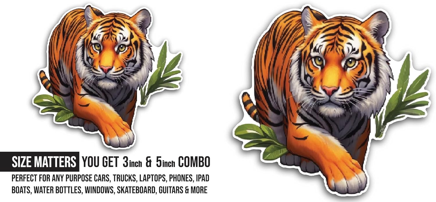2 (Pieces) 3" and 5" Tiger Sticker, Waterproof Vinyl Decals for Many Purpose Like Cars, Trucks, Laptops, Phones, Windows and More