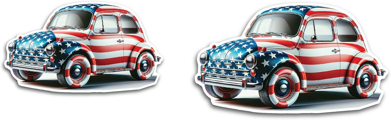 2 (Pieces) 3" and 5" Old Vintage Car with USA Flag Decal Sticker, Waterproof Vinyl Decals for Many Purpose Like Cars, Trucks, Laptops, Phones, Windows and More