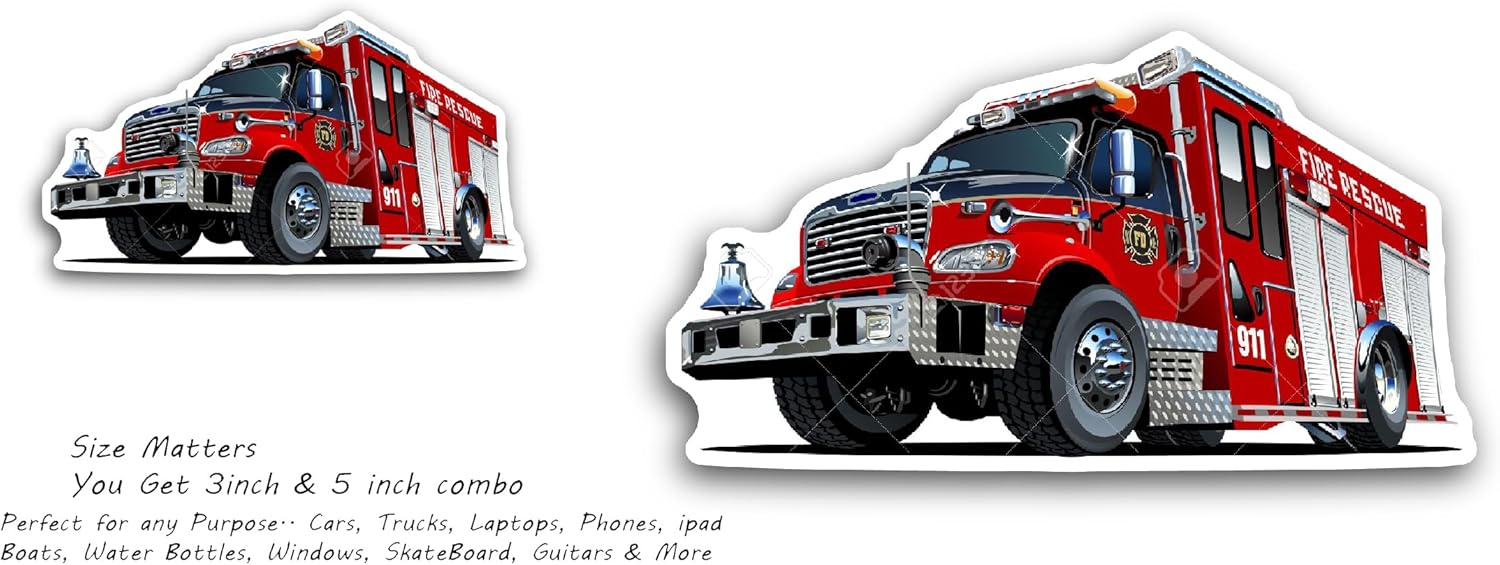 2 (Pieces) 3" and 5" Fire Rescue Fire Truck Sticker, Waterproof Vinyl Decals for Many Purpose Like Cars, Trucks, Laptops, Phones, Windows and More