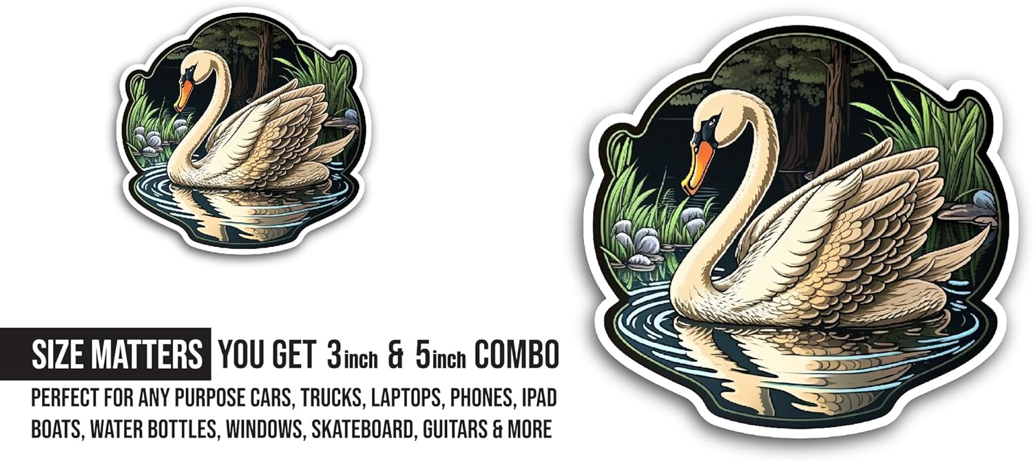 2 (Pieces) 3" and 5" White Swan Sticker, Waterproof Vinyl Decals for Many Purpose Like Cars, Trucks, Laptops, Phones, Windows and More