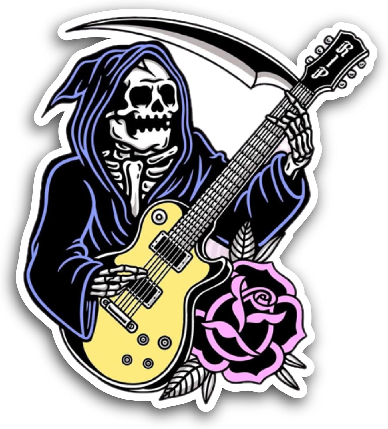 2 (Pieces) 3" and 5" Grim Reaper Playing Guitar Sticker, Waterproof Vinyl Decals for Many Purpose Like Cars, Trucks, Laptops, Phones, Windows and More