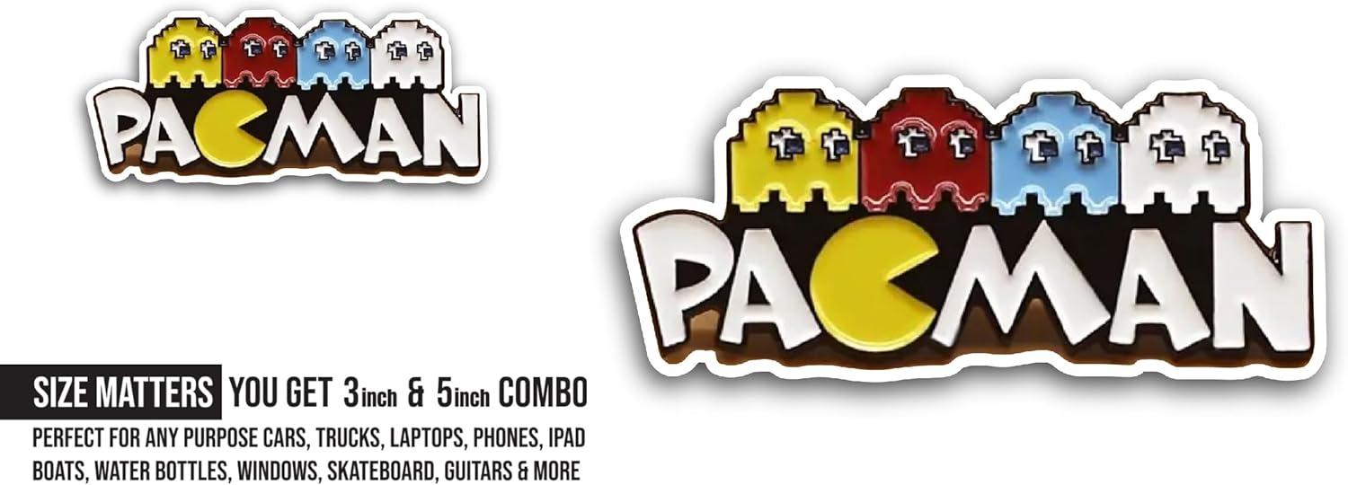 2 (Pieces) 3" and 5" Pacman Sticker, Waterproof Vinyl Decals for Many Purpose Like Cars, Trucks, Laptops, Phones, Windows and More