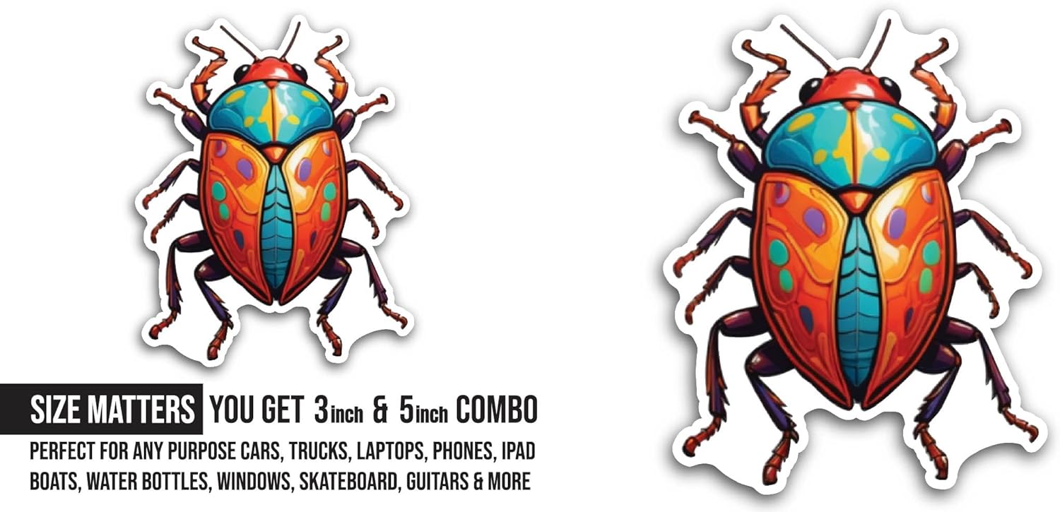 2 (Pieces) 3" and 5" Bright Colored Bug Sticker, Waterproof Vinyl Decals for Many Purpose Like Cars, Trucks, Laptops, Phones, Windows and More