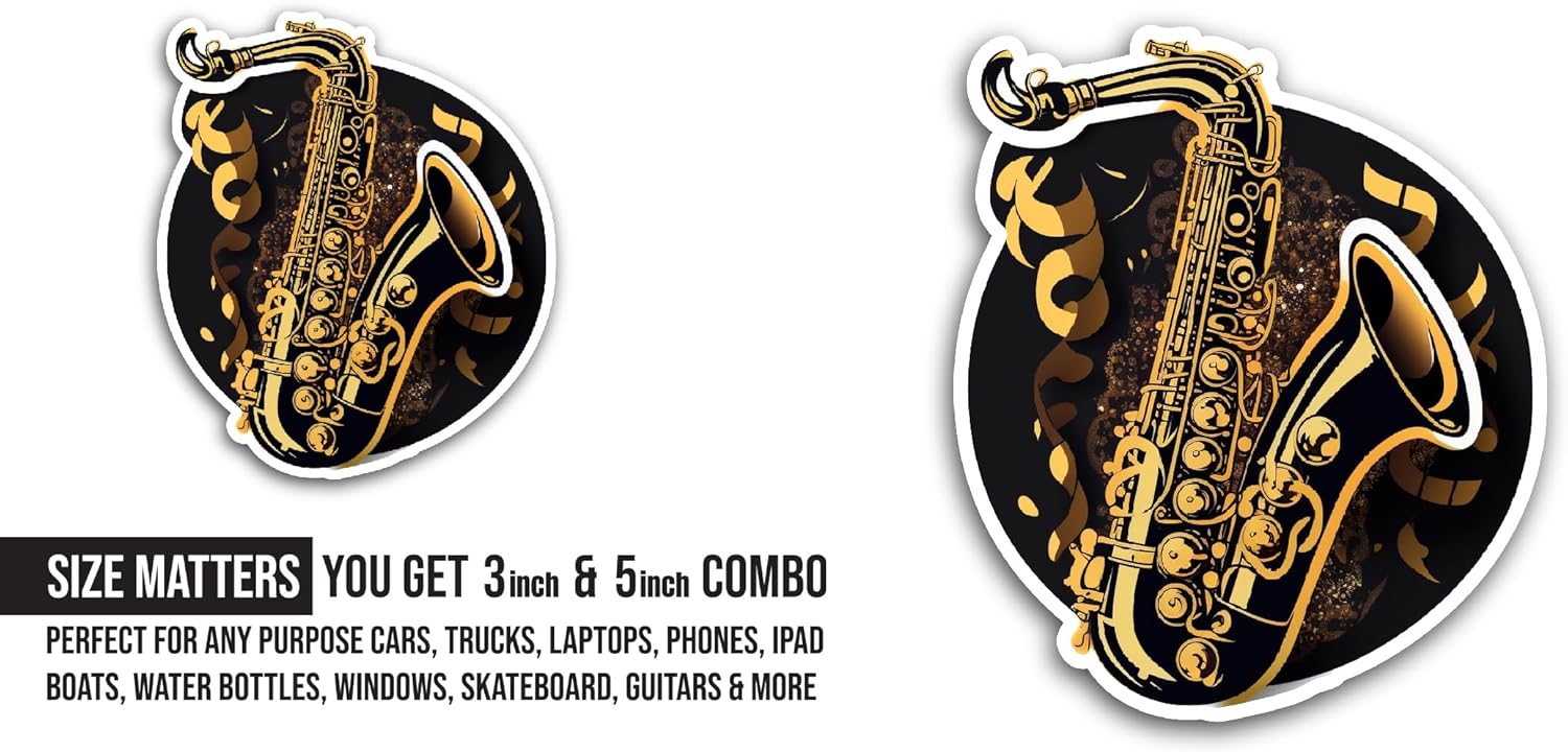 2 (Pieces) 3" and 5" Golden Saxophone Sticker, Waterproof Vinyl Decals for Many Purpose Like Cars, Trucks, Laptops, Phones, Windows and More