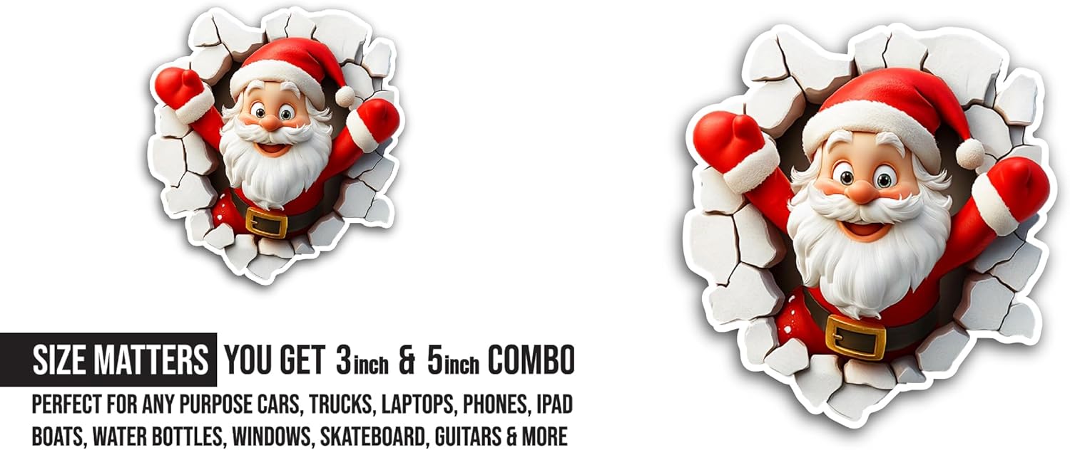 2 (Pieces) 3" and 5" Cartoon Santa Breaking Through Wall Sticker, Waterproof Vinyl Decals for Many Purpose Like Cars, Trucks, Laptops, Phones, Windows and More