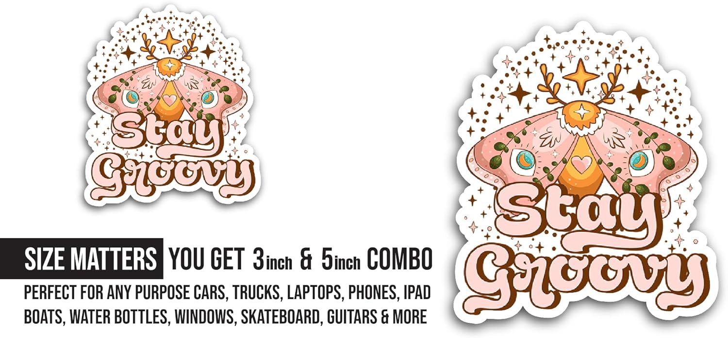 2 (Pieces) 3" and 5" Stay Groovy Text with Butterfly Sticker, Waterproof Vinyl Decals for Many Purpose Like Cars, Trucks, Laptops, Phones, Windows and More