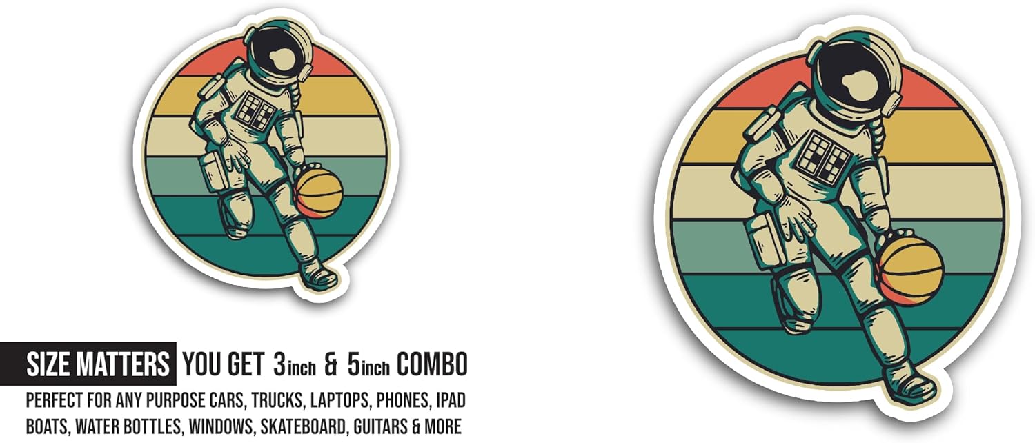 2 (Pieces) 3" and 5" Astronaut Playing Basketball Sticker, Waterproof Vinyl Decals for Many Purpose Like Cars, Trucks, Laptops, Phones, Windows and More