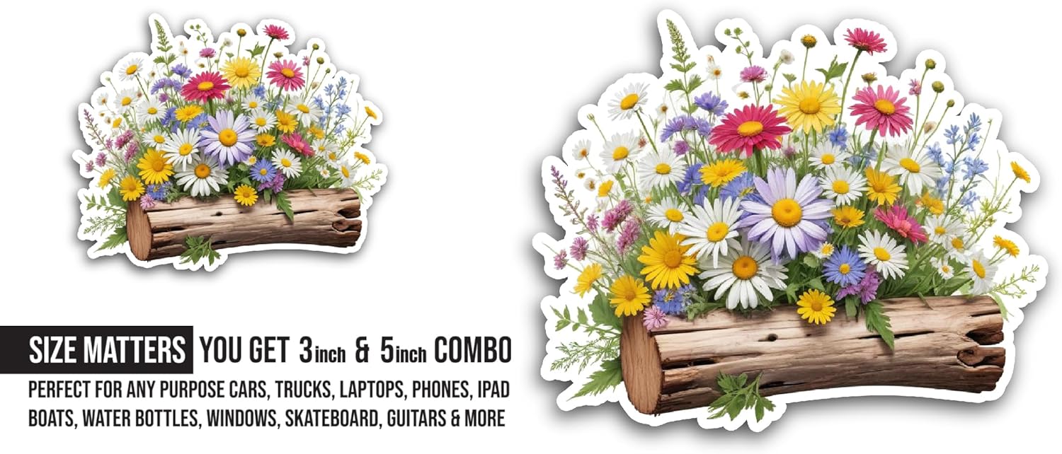 2 (Pieces) 3" and 5" Bunch of Flowers in A Log Sticker, Waterproof Vinyl Decals for Many Purpose Like Cars, Trucks, Laptops, Phones, Windows and More