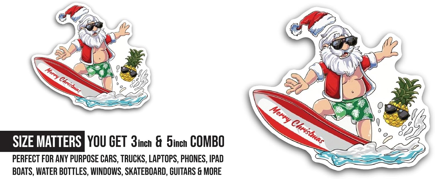 2 (Pieces) 3" and 5" Surfing Santa Sticker, Waterproof Vinyl Decals for Many Purpose Like Cars, Trucks, Laptops, Phones, Windows and More