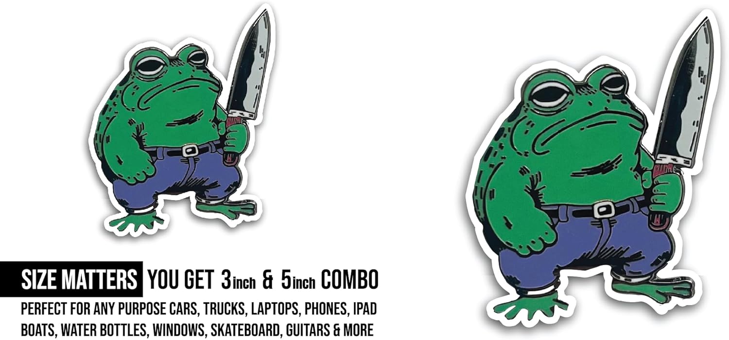 2 (Pieces) 3" and 5" Frog with Knife Sticker, Waterproof Vinyl Decals for Many Purpose Like Cars, Trucks, Laptops, Phones, Windows and More