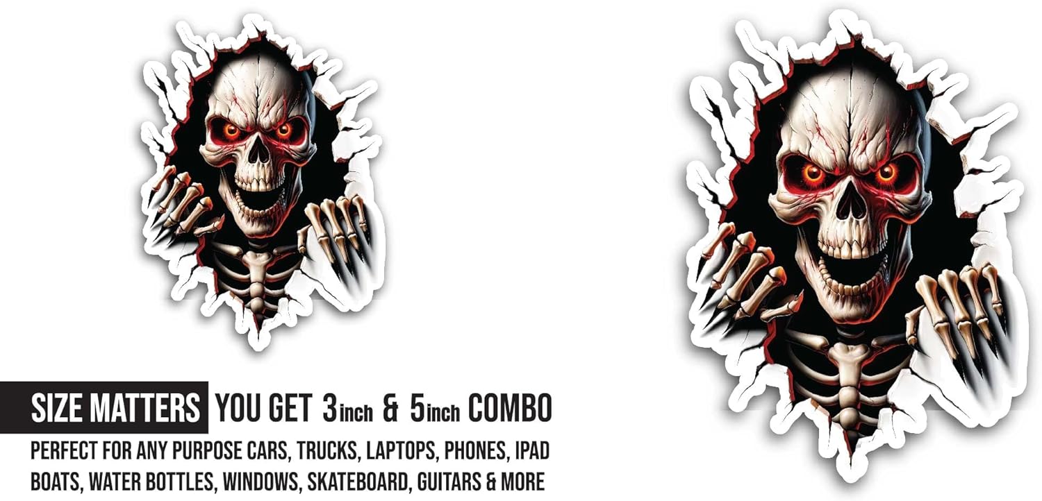 2 (Pieces) 3" and 5" Skull Ghost with Red Eyes Sticker, Waterproof Vinyl Decals for Many Purpose Like Cars, Trucks, Laptops, Phones, Windows and More