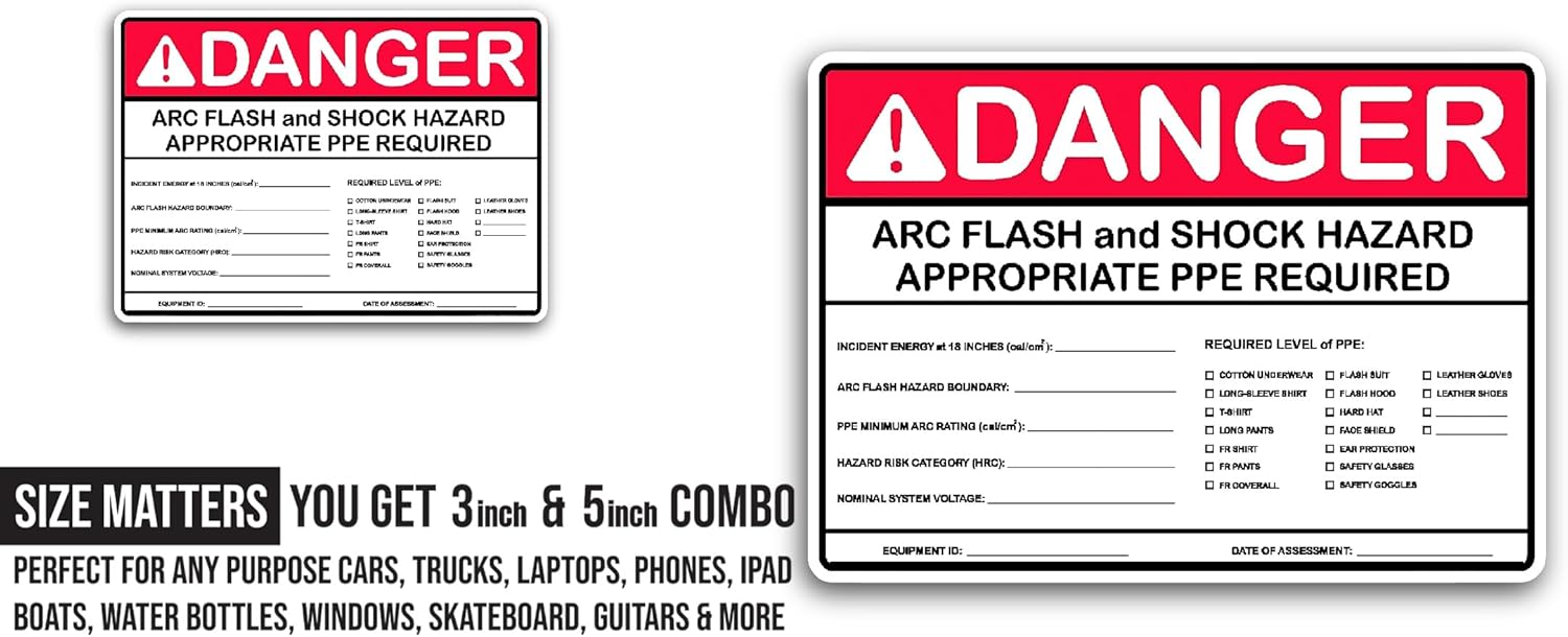 2 (Pieces) 3" and 5" Danger Arc Flash and Shock Hazard Sticker, Waterproof Vinyl Decals for Many Purpose Like Cars, Trucks, Laptops, Phones, Windows and More