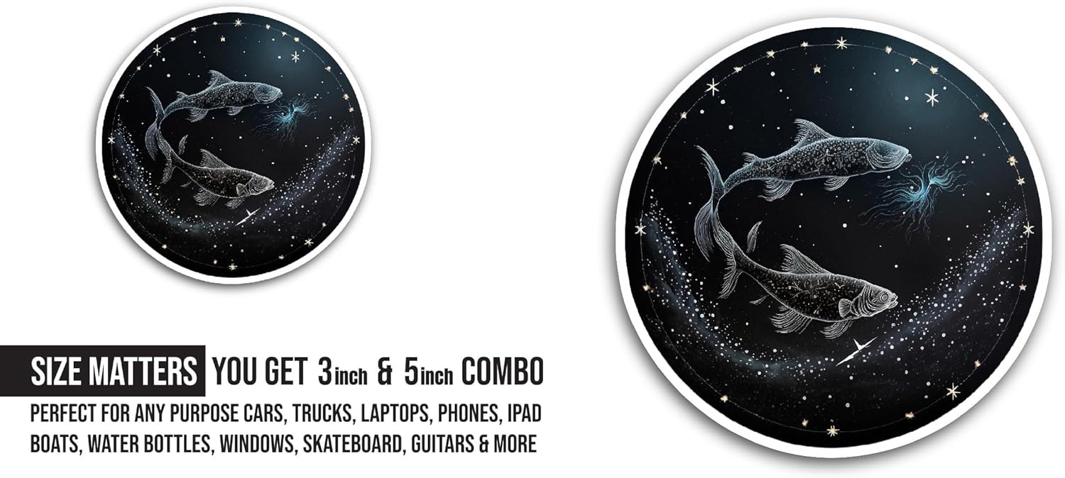2 (Pieces) 3" and 5" Two Fishes in Dark Background Sticker, Waterproof Vinyl Decals for Many Purpose Like Cars, Trucks, Laptops, Phones, Windows and More