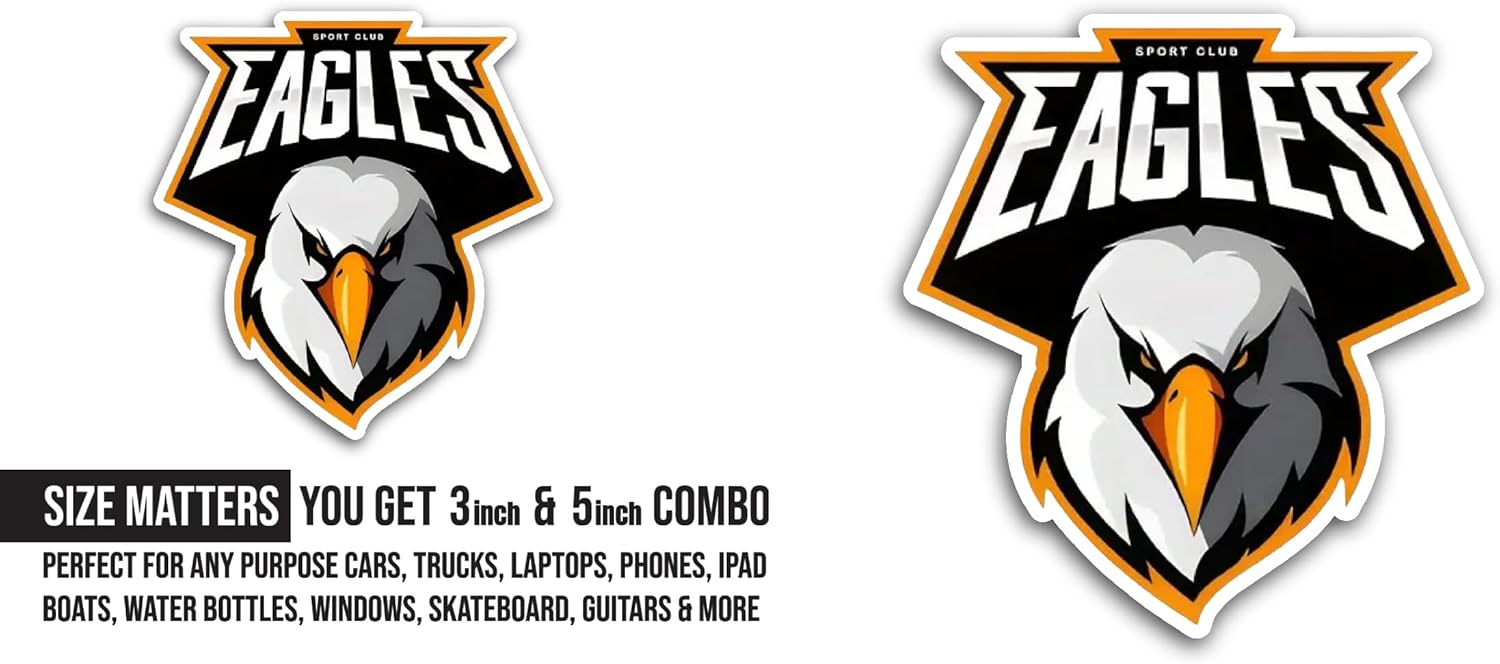 2 (Pieces) 3" and 5" E@gles Logo Sticker, Waterproof Vinyl Decals for Many Purpose Like Cars, Trucks, Laptops, Phones, Windows and More
