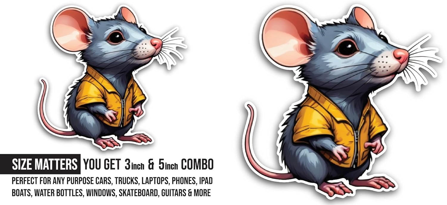 2 (Pieces) 3" and 5" Cute Rat Sticker, Waterproof Vinyl Decals for Many Purpose Like Cars, Trucks, Laptops, Phones, Windows and More