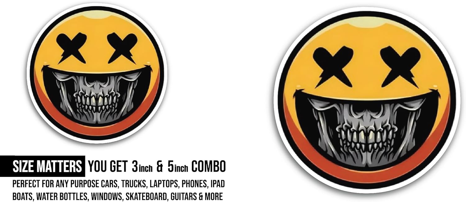 2 (Pieces) 3" and 5" Skull in Yellow Face Sticker, Waterproof Vinyl Decals for Many Purpose Like Cars, Trucks, Laptops, Phones, Windows and More