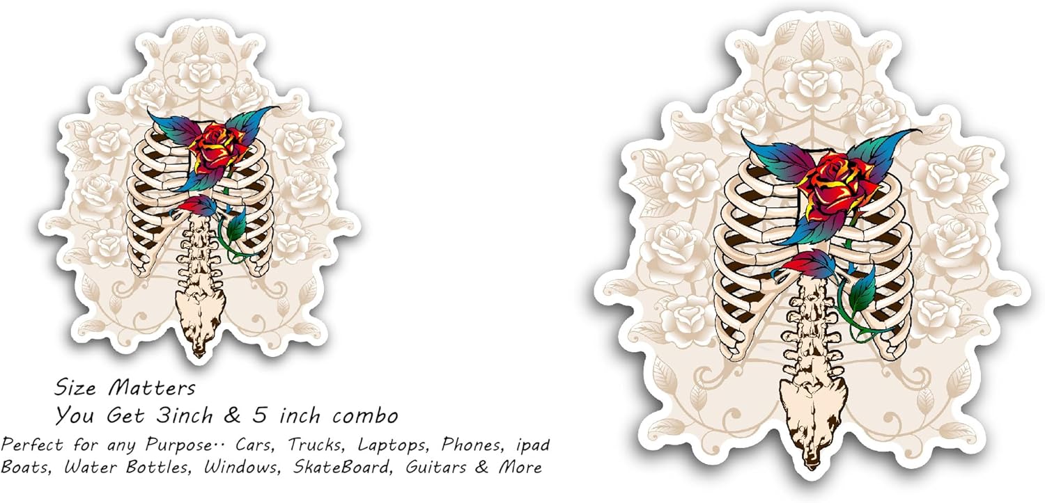2 (Pieces) 3" and 5" Spine Bones and Roses Sticker, Waterproof Vinyl Decals for Many Purpose Like Cars, Trucks, Laptops, Phones, Windows and More