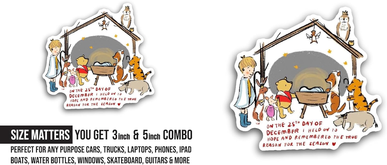 2 (Pieces) 3" and 5" Bear and Friends Christmas Celebration Sticker, Waterproof Vinyl Decals for Many Purpose Like Cars, Trucks, Laptops, Phones, Windows and More
