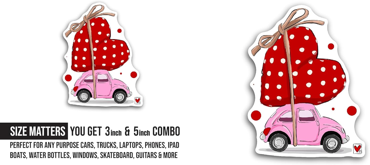 2 (Pieces) 3" and 5" Car with Heart Sticker, Waterproof Vinyl Decals for Many Purpose Like Cars, Trucks, Laptops, Phones, Windows and More