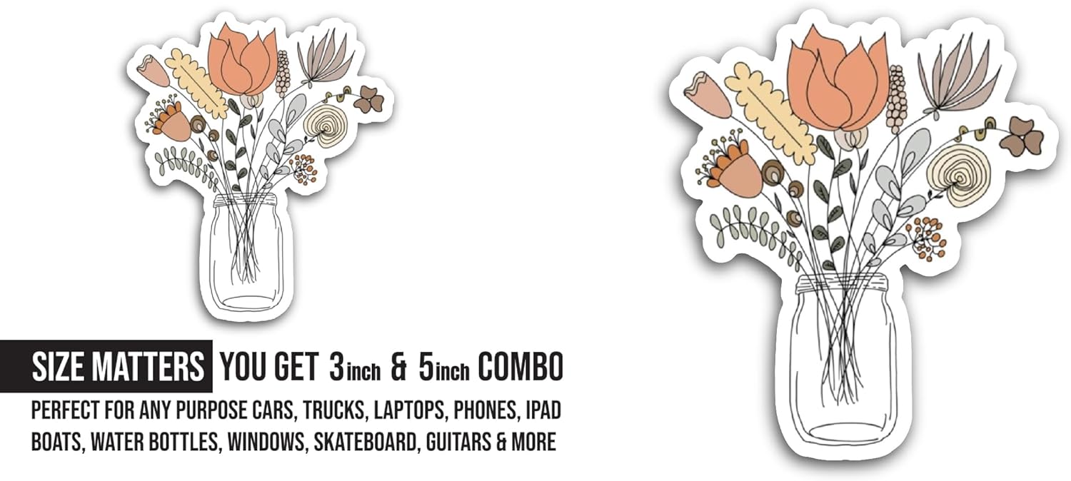 2 (Pieces) 3" and 5" Jar of Flowers Sticker, Waterproof Vinyl Decals for Many Purpose Like Cars, Trucks, Laptops, Phones, Windows and More