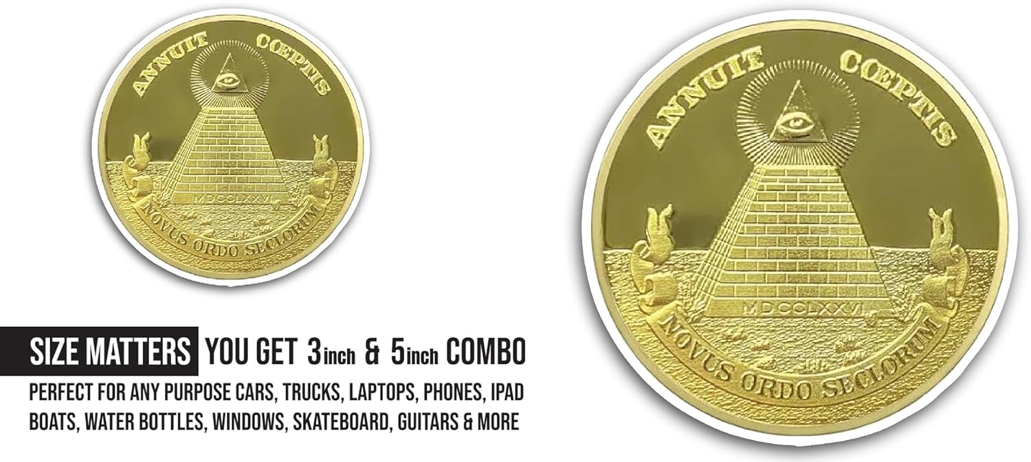 2 (Pieces) 3" and 5" Gold Coin with Pyramid Sticker, Waterproof Vinyl Decals for Many Purpose Like Cars, Trucks, Laptops, Phones, Windows and More