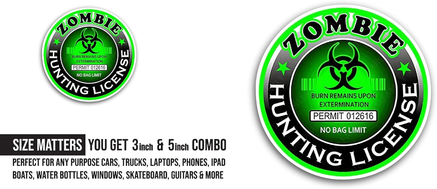 2 (Pieces) 3" and 5" Zombie Hunting Text Sticker, Waterproof Vinyl Decals for Many Purpose Like Cars, Trucks, Laptops, Phones, Windows and More