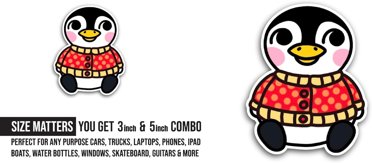 2 (Pieces) 3" and 5" Cute Penguin Cartoon Sticker, Waterproof Vinyl Decals for Many Purpose Like Cars, Trucks, Laptops, Phones, Windows and More