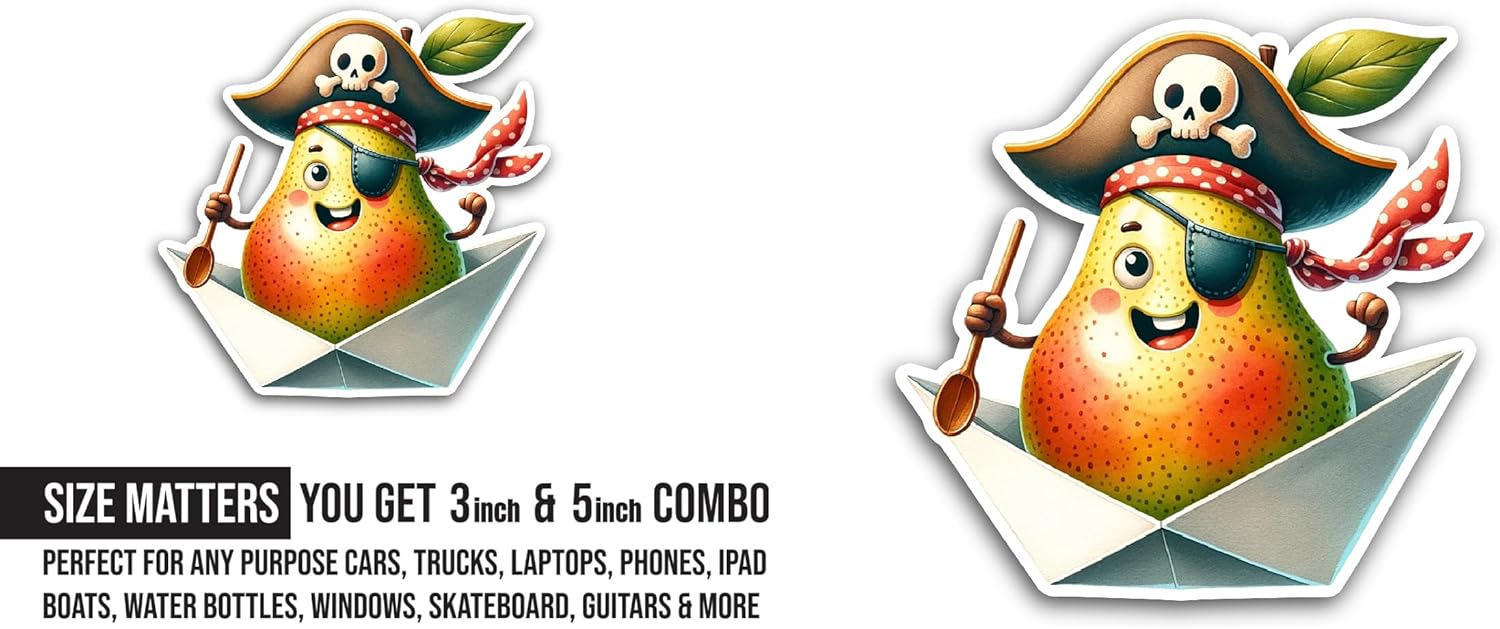 2 (Pieces) 3" and 5" Cartoon Pear Sticker, Waterproof Vinyl Decals for Many Purpose Like Cars, Trucks, Laptops, Phones, Windows and More