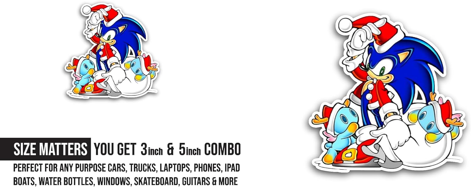 2 (Pieces) 3" and 5" S0nic Christmas Sticker, Waterproof Vinyl Decals for Many Purpose Like Cars, Trucks, Laptops, Phones, Windows and More