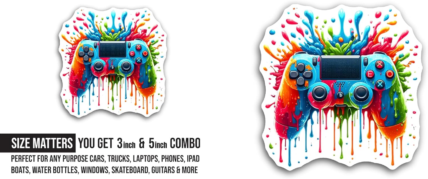 2 (Pieces) 3" and 5" Colorful Gaming Controller Sticker, Waterproof Vinyl Decals for Many Purpose Like Cars, Trucks, Laptops, Phones, Windows and More