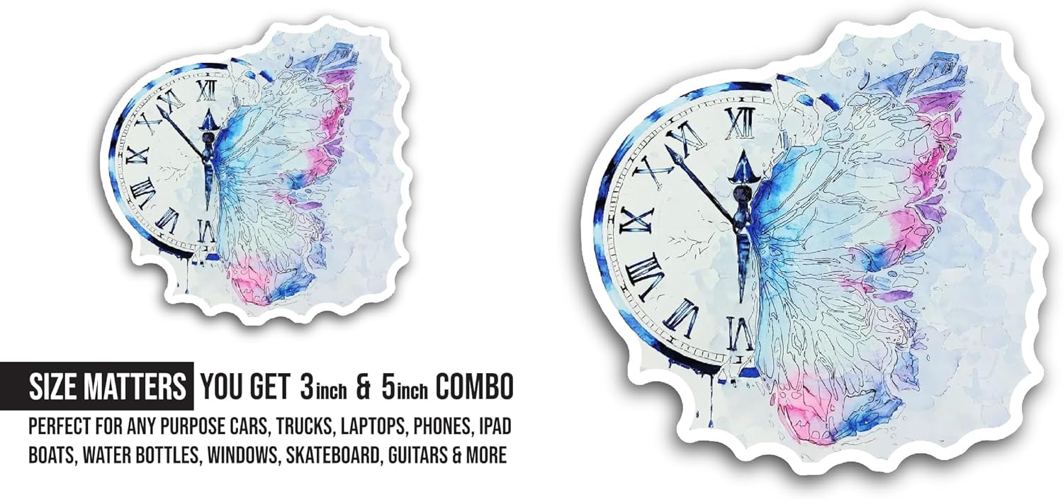 2 (Pieces) 3" and 5" Blue Butterfly with Clock Sticker, Waterproof Vinyl Decals for Many Purpose Like Cars, Trucks, Laptops, Phones, Windows and More
