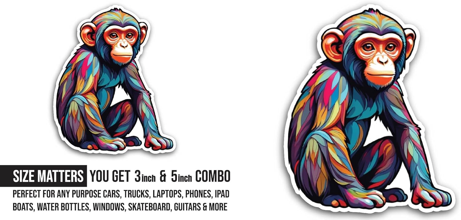 2 (Pieces) 3" and 5" Colorful Cute Chimpanzee Sticker, Waterproof Vinyl Decals for Many Purpose Like Cars, Trucks, Laptops, Phones, Windows and More
