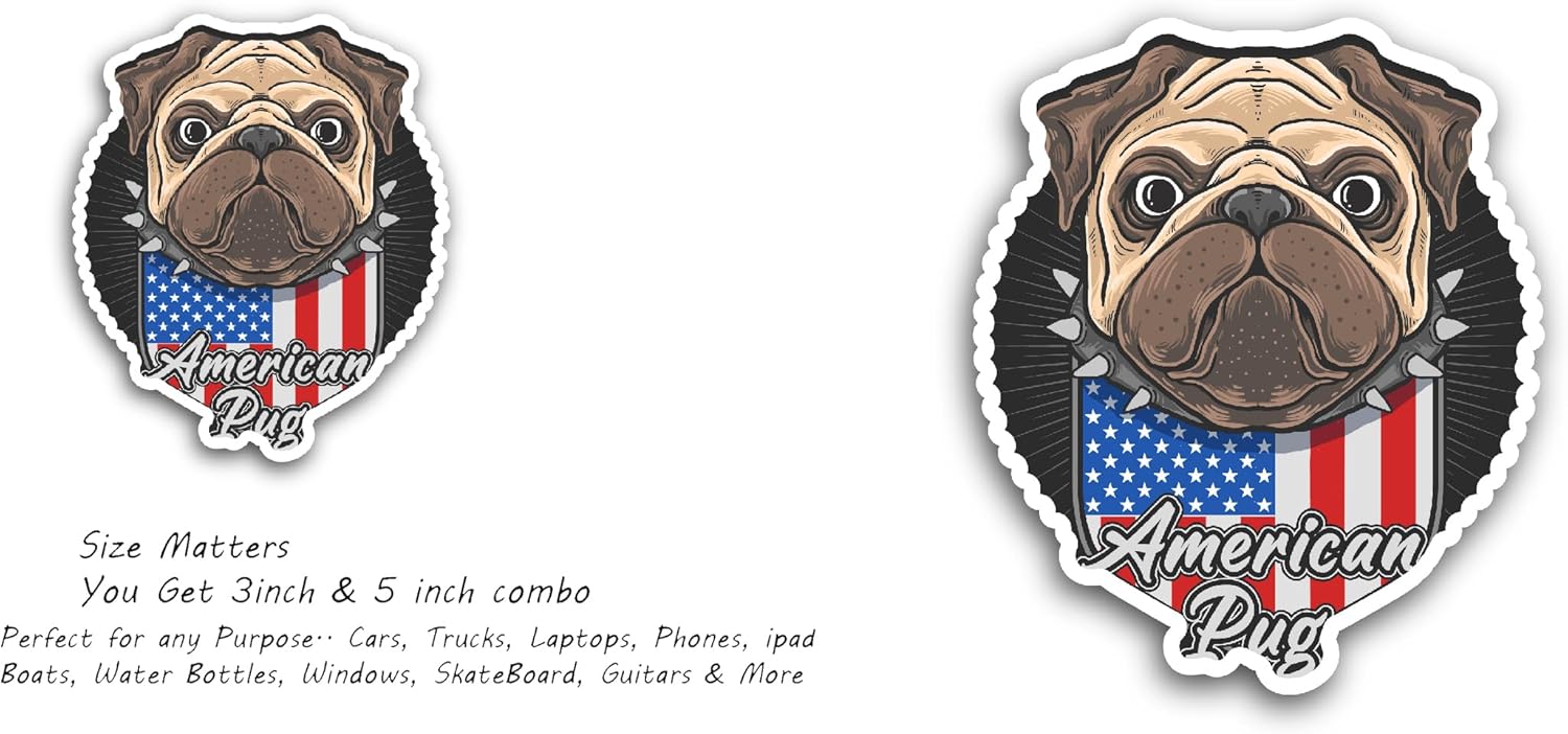 2 (Pieces) 3" and 5" American Flag Pug Decal Sticker, Waterproof Vinyl Decals for Many Purpose Like Cars, Trucks, Laptops, Phones, Windows and More