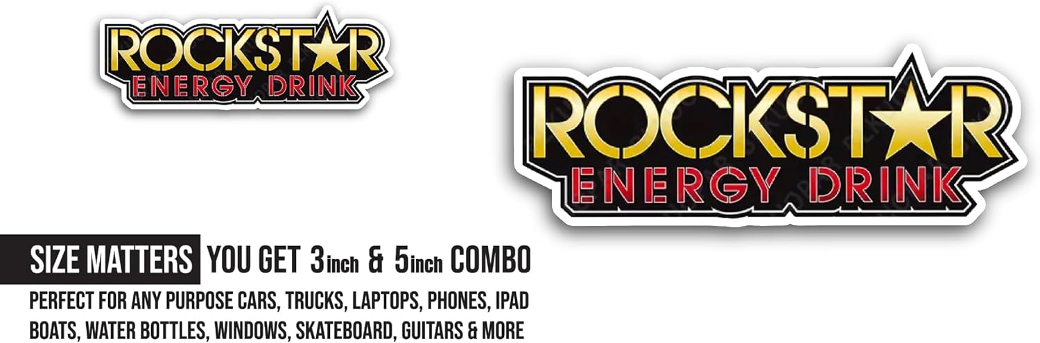 2 (Pieces) 3" and 5" R0ckstar Energy Sticker, Waterproof Vinyl Decals for Many Purpose Like Cars, Trucks, Laptops, Phones, Windows and More