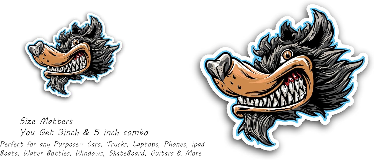 2 (Pieces) 3" and 5" Angry Wolf Sticker, Waterproof Vinyl Decals for Many Purpose Like Cars, Trucks, Laptops, Phones, Windows and More