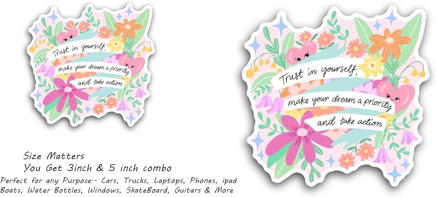 2 (Pieces) 3" and 5" Purple Floral Background Trust in Yourself Text Sticker, Waterproof Vinyl Decals for Many Purpose Like Cars, Trucks, Laptops, Phones, Windows and More